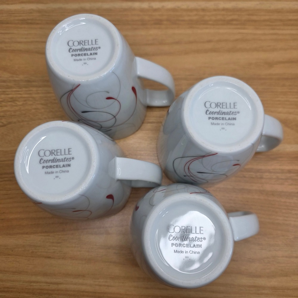 Corelle Splendor Coffee Mugs Square 4.25" 14oz Set of 4 White Red Gray Swirl - Picture 5 of 9